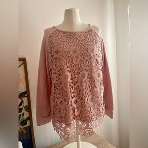 Adrianna Papell Dusty Rose Lace Front Long Sleeve Top | Size L